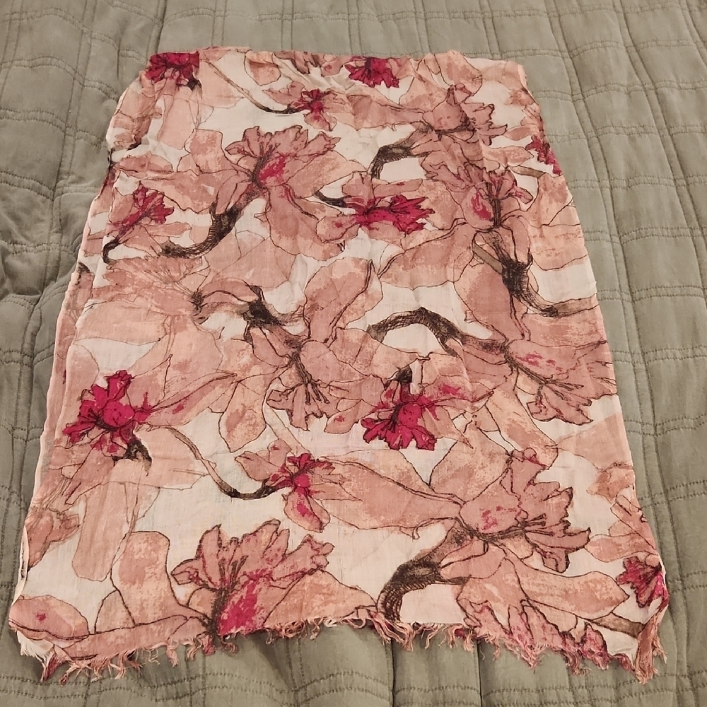 Floral Pink and Brown Scarf With Frayed Hem 23x68